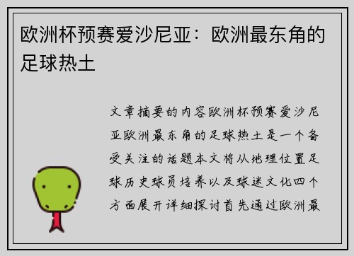 欧洲杯预赛爱沙尼亚：欧洲最东角的足球热土